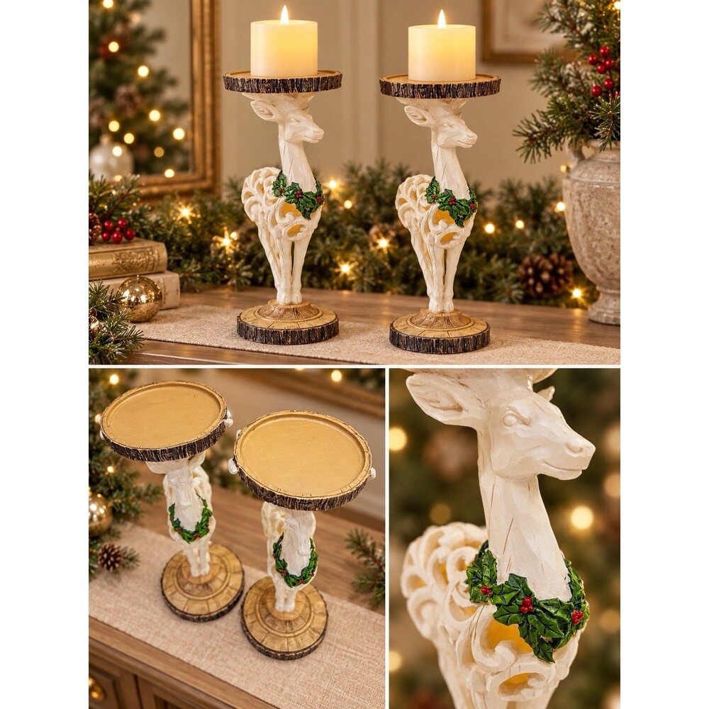 Vintage Christmas Deer Candle Holders Set of 2 | 12” Resin Reindeer Pillar